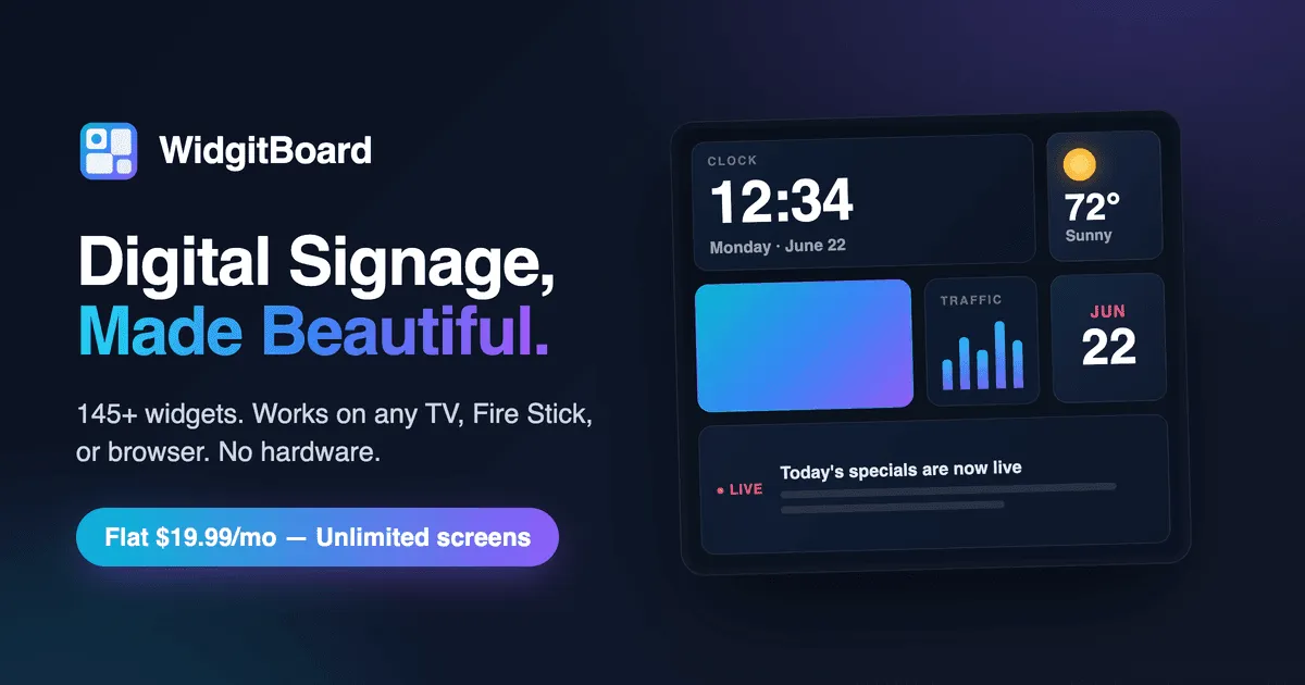 Widgitboard editor interface showing a digital signage layout with clock, weather, news, and calendar widgets
